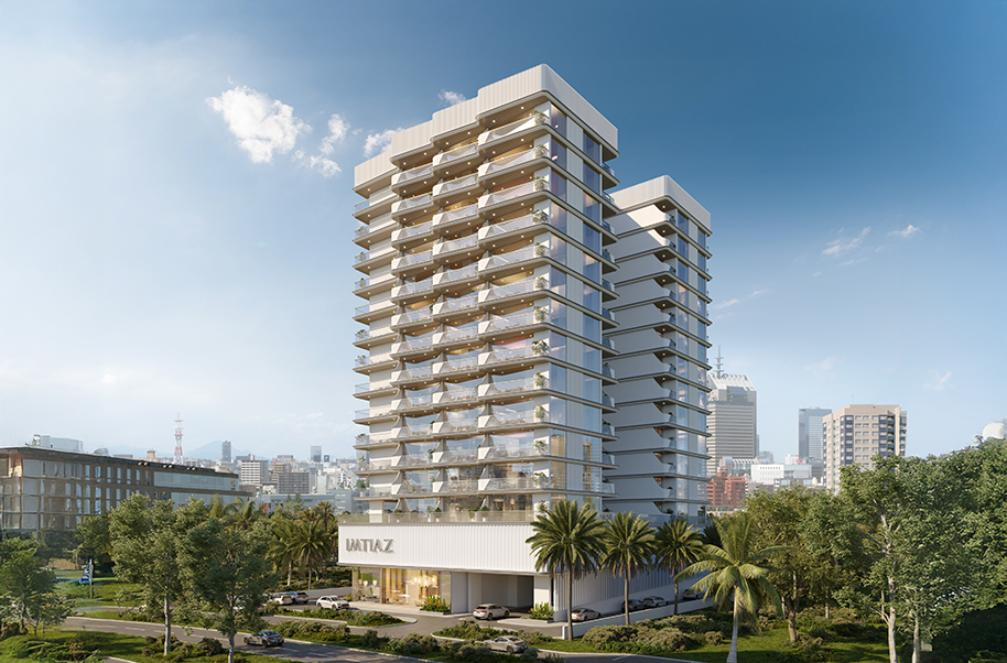 Properties A modern residential building with multiple floors, balconies, and greenery in the foreground against a city skyline.